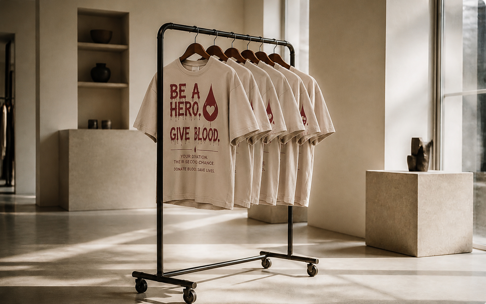Kleiderstange mit sandfarbenen Oversize-Shirts der Blutspende-Kampagne „Be a hero. Give blood.“
