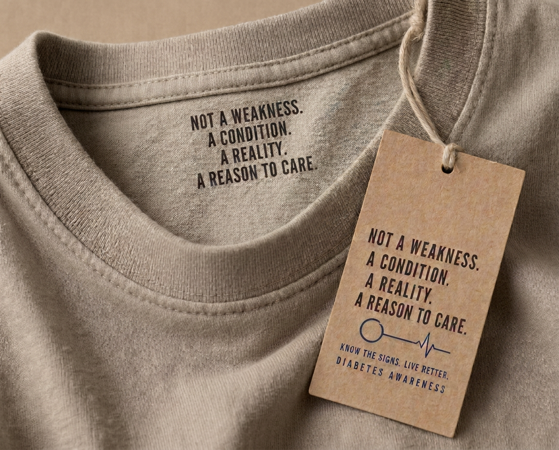 Detailaufnahme eines sandfarbenen Shirts mit bedrucktem Nacken-Label und Hangtag zum Diabetes-Awareness-Print