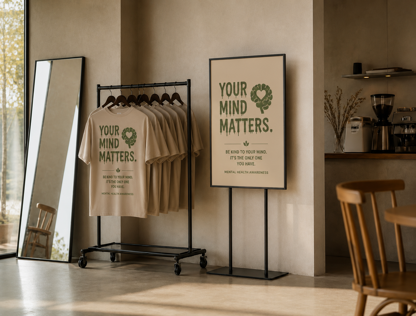 Kleiderstange mit sandfarbenen Shirts und Poster der Mental-Health-Kampagne „Your mind matters.“